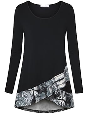 Youtalia Frauen Langarm Rundhals Tunika mit Borde Oberteile Saum mit raffiniertem Überschlag Freizeit Blusenkleid...