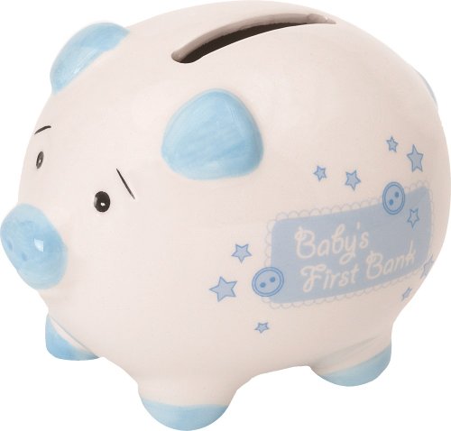 Suki Gifts International Baby's First Piggy Bank Ceramic Piggy Bank in Gift Box (Small, Blue/ White)