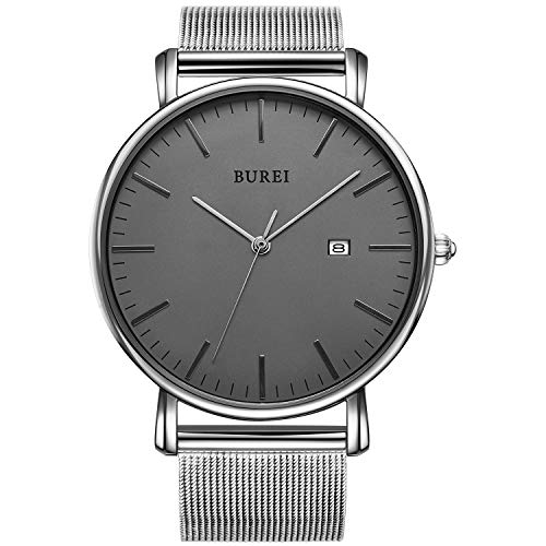 BUREI Herren Uhren Ultra Dünne Schwarze Minimalistische Quartz mit Datumsanzeige und Milanese Armband (Dunkelgraues silberner Hand) BUREI Herren Uhren Ultra Dünne Schwarze Minimalistische Quartz mit Datumsanzeige und Milanese Armband (Dunkelgraues silberner Hand)