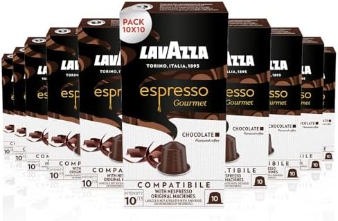 Lavazza, Espresso Gourmet Chocolate, 100 Capsule in Alluminio Compatibili con Macchine Nespresso* Original, con l'Aroma Naturale del Cioccolato, Arabica e Robusta, Intensità 10/13, Tostatura Media