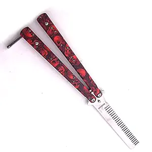 WANLIAN Skull Butterfly Comb Trainer-Balisong Comb,Butterfly Comb Stainless Steel Folding Training Practice Combs Hair Styling Tools for Sport Outdoor Use (Red skull)