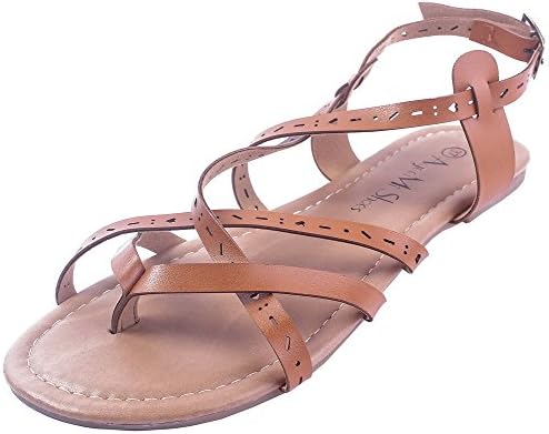 AgeeMi Shoes Women Buckle PU Solid No-Heel Split-Toe Sandals,EuL27 Brown 38.5