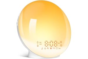 BAOZILY Réveil Lumineux, Eveil Lumière LED Radio Réveil, Lumineux Lampe De Chevet Simulateur d'Aube Et Crépuscule 11 Couleurs 20 Niveaux De Luminosité 2 Réveils Fonction Snooze 7 Sons, Fonction De Charge