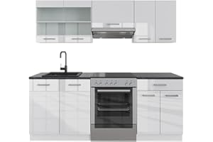 Vicco cucina componibile R-line, Bianco lucido/bianco, 200 cm senza piano di lavoro