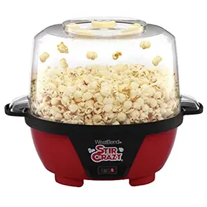 West Bend Stir Crazy Electric Hot Oil Popcorn Popper Machine with Stirring Rod Offers Large Lid for Serving Bowl and Convenient Storage, 6-Quart, Red