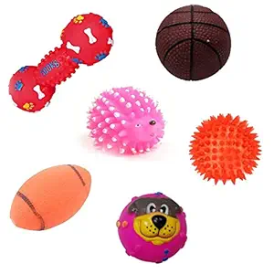 Pooch Box Squeaky ChewToys for Dog/Puppy | Dumbell | Hedgehog | Baseball | Basket Ball | Puppy Face Ball | Led Ball |(Combo of 6)