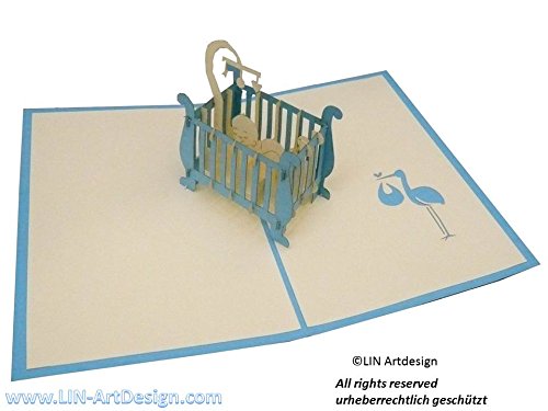 LIN-POP UP 3D Grußkarten Glückwunschkarten Geburtskarten Grußkarten Geburt Babykarten, Kinderbett Junge - 3