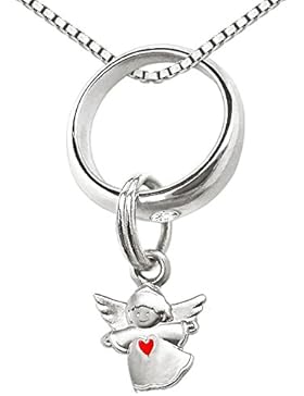 CLEVER SCHMUCK-SET Silberner Taufring Einhänger mit Kinderengel Herz rot glänzend und Zirkoniastein weiß sowie...