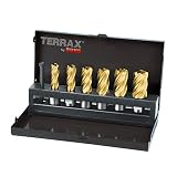 Material: HSS-TiN. Terrax A108820T - Juego de brocas huecas (HSS-TiN, 12-22 mm, 7 piezas)
