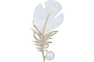 SUNJIAQI Rhinestone Pearl Feathers Brooch Shell Feather Crystal Pin Brooch Fashion Feather Lapel Pin Elegant Dress Accessories Safety Pins Wedding Lapel Badge Pin