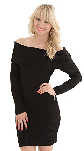 LADIES KNITTED OFF SHOULDER PENCIL JUMPER DRESS (12, BLACK)