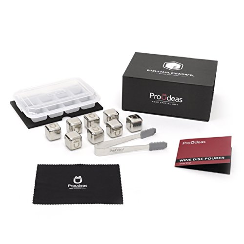 Premium Geschenk Set - 8 Edelstahl Eiswürfel + PP-Box + Mikrofasertuch + Silikon-Zange + Disc Pourer. TÜV zertifiziert. Diese ICE-Cubes sind hygienischer und haltbarer, als klassische Whisky Steine …