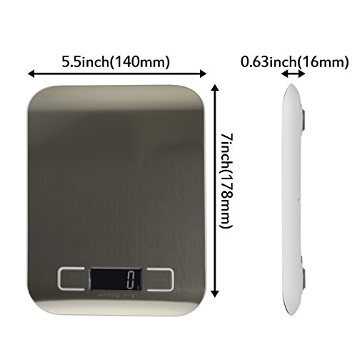 TopEUR Digitale Küchenwaage, Digitalwaage Electronische Waage Lebensmittelwaage Edelstahl Briefwaage Gramm-Skala Präzisionswaage Tara-Funktion, LCD-Display, Inkl Batterie (5000g, 0.1oz / 1g) - 5