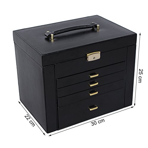 Songmics XXL Schmuckkästchen Uhrenbox 5 Schichten mit 4 Schubladen abschließbar mit spiegel schwarz JBC217 - 4