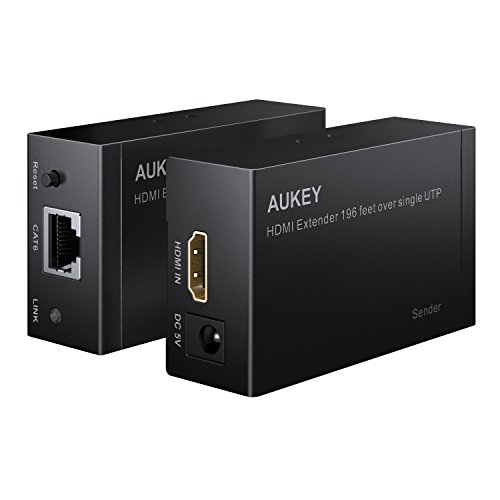 AUKEY HDMI Extender 1080P über Single RJ45 CAT5e CAT6 Ethernet Kabel 60M HDMI Verlängerung mit Sender + Empfänger unterstützt PC / DVD / PS4 / Laptop / Satellit Box und mehre Geräte