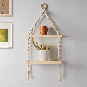 Decazone Macrame Wall Hanging Shelf Pine Wooden Plank Bohemian Style Hand Cotton Cord with Set of 2 Shelves for Flower Plants |Living Room | Bathroom Beige, L 68 x 30 W