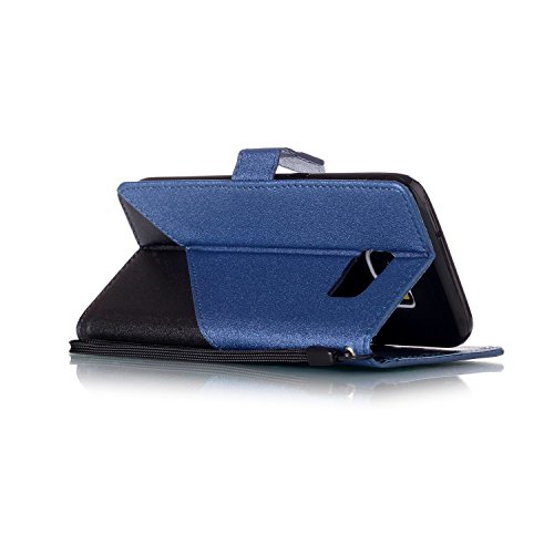 Galaxy S7 Edge Hülle,Samsung S7 Edge Leder Case,Sunroyal PU Leder Brieftasche Schutzhülle Tasche Handyhülle Schutz Hüllen im Bookstyle Ledertasche mit Stand Funktion Kartenfächer Magnetverschluss Magnet Etui Schale Schutzhüllen,Retro Schwarz Dunkel Blau Muster Entwurf Flip Klapp Cover Tasche mit Strap Kartensteckplatz Hinterschale Kartenschlitz mit Silikon Kratzfest für Samsung Galaxy S7 Edge + HD Super Klare Displayschutzfolie - 5
