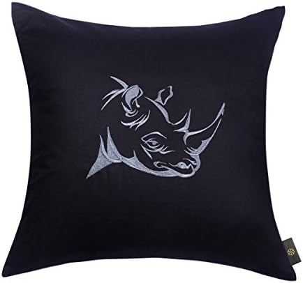 GINXU 100% Cotton 18*18 Inches Casstar Square Cushion Case Embroidered Silhouette Rhino Throw Pillow Cover for Decoration, Black