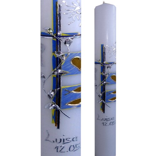 Modern Taufkerze Kommunionkerze 400×40 SONNE HERZ FISCHE Mehrfarbig rosa pink lila Inclusieve Namen und Datum ITP150 - 4