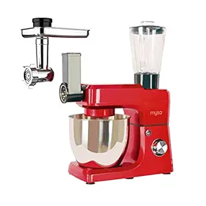 MYSA SM-1501BM 1200W All In One Stand Mixer Tilt Head 6.5 Litres Stainless Steel Bowl with 1.5 Litres Glass Jar, 6 Speed for Blending, Slicing, Mincing, Doughing, Whisking, Beating, Red