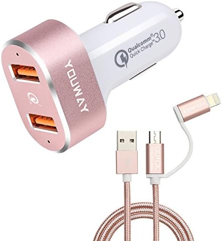 Car Charger Adapter Quick Charge 3.0 36W Rapid Dual usb Ports With 2-in-1 lightning micro usb cable 3ft for iPhone X/8/7/6s/Plus/SE,iPad Pro/Air 2,Samsung Galaxy Note 8 &amp; More-ROSE GOLD