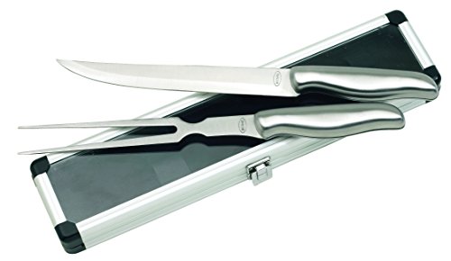Tranchierbesteck Edelstahl Fleischmesser und Gabel 2 teilig im silberfarbigen Koffer mit transparentem Deckel - 4