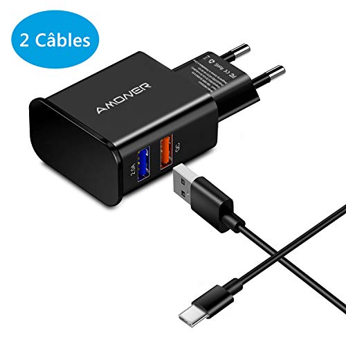 Amoner Chargeur pour Samsung avec [2x1.2M Cable USB Type C], 2 Ports 24W, Chargeur Secteur, Prise USB Rapide pour Huawei, Samsung Galaxy S8 S8 + S9 Plus S9+ A3 A5 A7 2017 etc