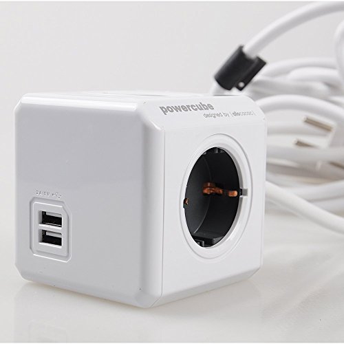 Allocacoc PowerCube 2 x USB Port 5V/2.1A mit 4 Verteiler 3M Verlängerungskabel Power Strip Steckdose 230V Schuko, Grau - 6