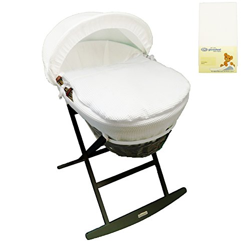 Dark Wicker Crib / Moses Basket With White Waffle Dressing PLUS Cocoa Deluxe Wooden Rocking Stand Includes High Quality 100% Combed Jersey Cotton White Fitted Sheet