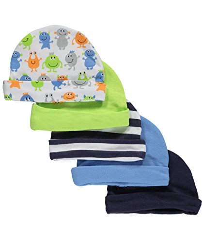 Luvable Friends Baby Boys' "Happy Monsters" 5-Pack Caps - blue, 0 - 6 months