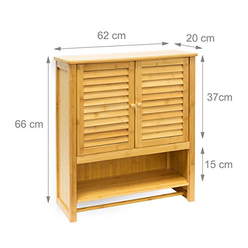 Relaxdays Hängeschrank LAMELL Bambus H x Bx T: 66 x 60 x 20 cm Badschrank zum Hängen mit Handtuchhalter Badezimmerschrank mit 2 Türen und Regalfach Bad Schrank als Oberschrank Badhängeschrank, natur - 2