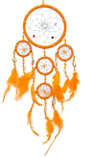 Traumfänger aufwändig gestaltet mit ECHTEN MUSCHELN und Federn in orange (Dreamcatcher / Mobile) - 5 Ringe in 3 größen (11,5cm / 5cm / 4cm) - ca 35 cm Länge - Ringe orange