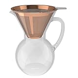 glas-kaffeebereiter mit edelstahlfilter ✔ QUALITÄT: Der Pour Over Coffee Maker ist aus hitzeresistentem Borosilikat-Glas gefertigt. Somit ist die Glaskanne geschmacksneutral und BPA-frei. Der wiederverwendbare Kaffeefilter der Design Kaffeekanne ist mit einer widerstandsfähigen, kupferfarbenen Lackierung überzogen. Der Dauerfilter ist so feinmaschig, dass man selbst feingemahlenen Kaffee brühen kann. Der Edelstahl Kaffeefilter hat einen Silikon-Überzug, der vor Verbrennungen schützt. Genau wie der ergonomisch geformte Glasgriff.
