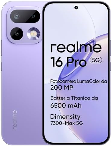 realme 16 Pro 5G Smartphone, 8GB+512GB, Display AMOLED 144Hz 6,78", Batteria 6500mAh, Fotocamera 200MP OIS, IP69K, Ricarica Rapida 45W, Doppia SIM, Next AI, Viola