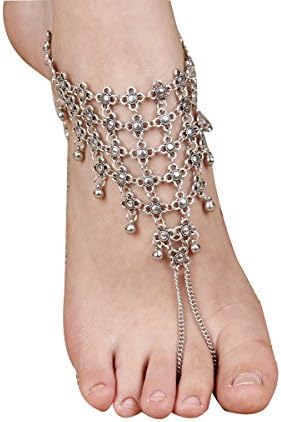 Novelty Exquisite Carved Water Droplets Even Fingers Women Beach Barefoot Sandal Foot Jewelry Anklet Chain,Silver-OneSize