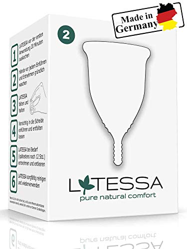 LATESSA® Menstruationstasse - Made in Germany - SEHR GUT getestet - geruchlos - bpa-frei - 100% medizinisches Silikon - Alternative zu Tampons & Binden - nachhaltige Monatshygiene - Größe 2 - groß