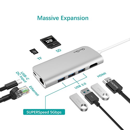 Comprar QacQoc GN30E Multifuncional Macbook 8 en 1 Hub Tipo-C 3 * USB
3.0 + SD + TF + HDMI + USB-C (carga) + RJ45 con función de PD rápida
para Macbook de 12 pulgadas, Google ChromeBook Aleación de aluminio
Descuento