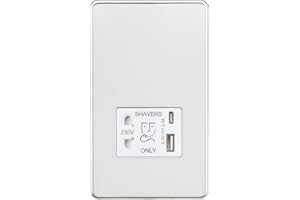 Knightsbridge Screwless Shaver Socket with Dual USB A+C (5V DC 2.4A Shared) - Polished Chrome with White Insert
