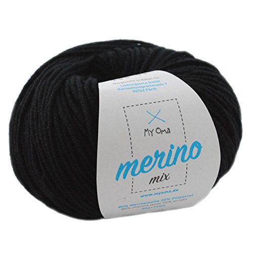 Wolle stricken * Merino Wolle schwarz (Fb 200) * 1 Knäuel schwarze Merinowolle zum Häkeln - Merinogarn + GRATIS MyOma Label - 50g/120m - MyOma Wolle - weiche Wolle – Mischgarn