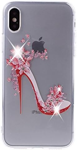 CXMALL iPhone X Case, Soft Flexible Clear TPU Silicone Rubber Gel Utral Slim Protective Cover Case with Bling Glitter Crystal Rhinestones Diamond for iPhone X 10 5.8 inch (High Heel Shoes)