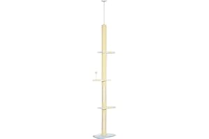 PawHut 260cm Floor to Ceiling Cat Tree, Height Adjustable Kitten Tower with Anti-slip Kit, Multi-Layer Activity Centre w/Fish-shaped Perches Scratching Post Ball Toy - Yellow