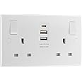 BG Electrical Double Switched Power Wall Plug Socket with Two Type A and Single Type C USB Charging Ports, Round Edge, Nexus 800 Series, White Moulded, 13A, 15W, 822UAAC15