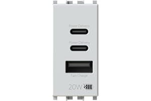 4box - Alimentatore USB CCA 20W compatibile Vimar® Plana™, per caricare i tuoi dispositivi senza alimentatori. 3 connettori: due di tipo C e uno di tipo A. Colore Bianco