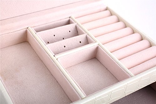 DCCN Schmuckkasten Elegant PU Leder Schmuckkoffer Schmuckschatulle Kosmetikkoffer mit 2 Schubladen Spiegel – Weiß - 5