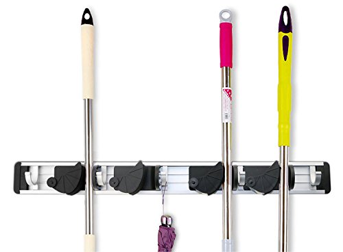 HomySnug Gerätehalter – Aluminium Wandhalter Ordnungsleiste für Besen, Mopp und Gartenwerkzeuge mit 5 Haken und 4 Schnellspannern - 9