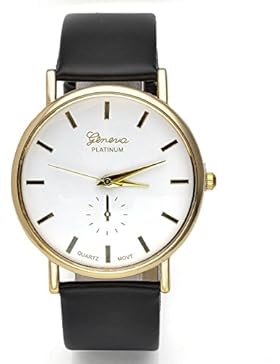 JSDDE Uhren,Eelgant Genf Damen Herren Armbanduhr Lederarmband Damenuhr Vogue Gold Analog Qaurzuhr(Schwarz&Weiss)