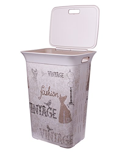 Wäschetruhe Set Wäschekorb Wäschepuff mit Belüftung Moda Vintage 60 Liter mit Deckel + 45 Liter Wäschesammler mit 4 Griffen - 5