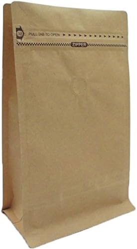 1lb / 16oz Kraft Paper Stand Up Flat Bottom Side Gusset Pouch / Coffee Bag. With Degassing Valve and Resealable Pocket Zipper. Pack of 10