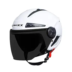 Steelbird BoXX Dashing Open Face Helmet, ISI Certified Helmet (Large 600 MM, Dashing White Helmet Fitted with Clear Visor and Extra Smoke Visor)