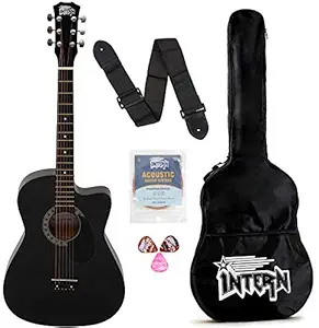 Intern INT-38C-BK-G Cutaway Right Handed Acoustic Guitar Kit, With Bag, Strings, Pick And Strap (Black, 6 Strings)